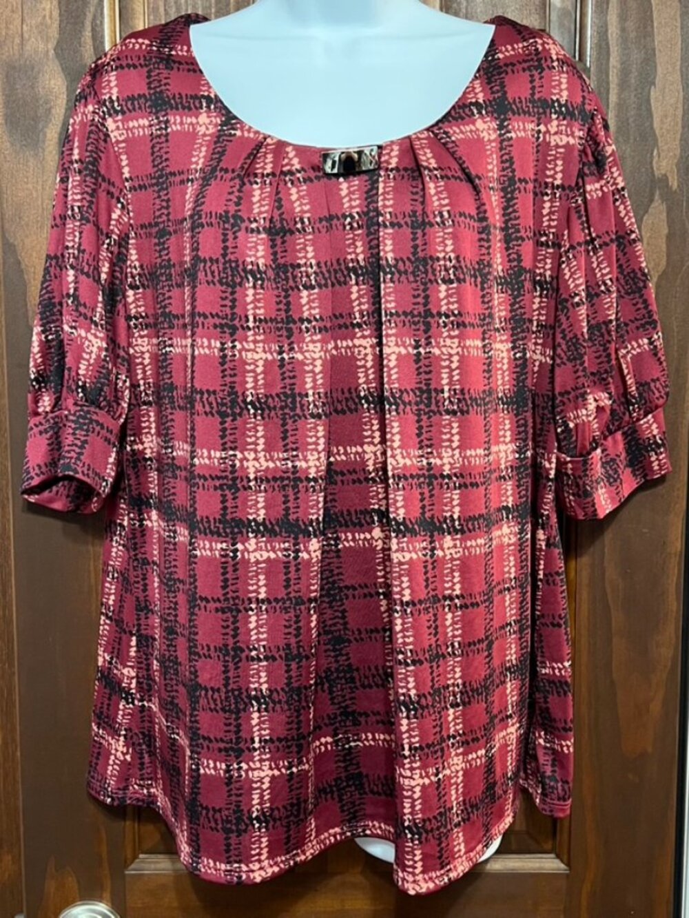 Notations Dressy Pink Burdgundy Plaid Dressy Blous